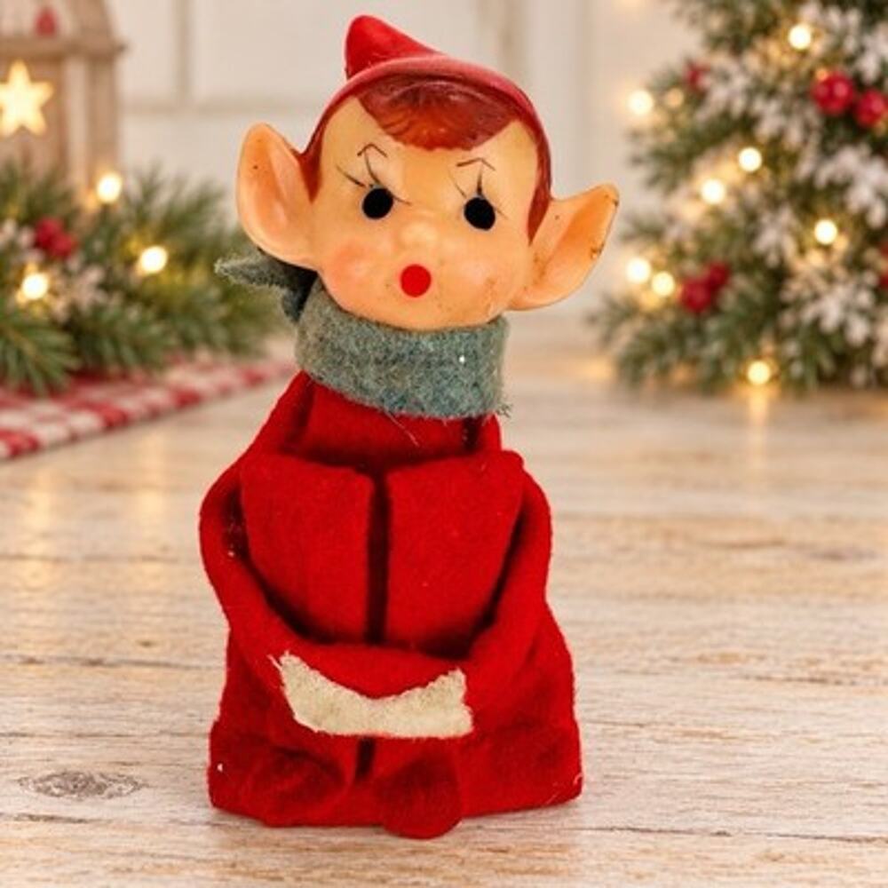 Vintage 3.5” Knee Hugger Christmas Elf Felt Body Rubber Face Japan